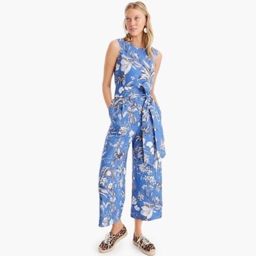 J Crew Linen Wrap Back Jumpsuit Blue Floral Ratti Tropical Sz 0 L7936